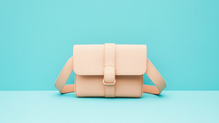 This image features a stylish cream shoulder bag set against a soft blue background, ideal for showcasing modern fashion accessories in a minimalist setting.の素材