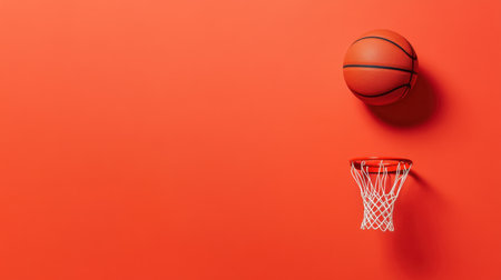 Captivating image of a basketball soaring towards a hoop against a vivid orange background, symbolizing energy, competition, and passion for sports.の素材