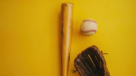 A vibrant image featuring a wooden baseball bat, a softball, and a classic glove set against a bright yellow background, ideal for sports themes.の素材