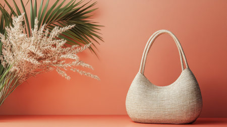 This image showcases a stylish woven handbag paired with delicate natural elements against a coral background, perfect for fashion and decor inspiration.の素材