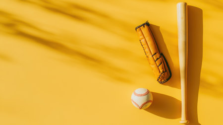 This vibrant image showcases a baseball bat, glove, and ball artistically arranged against a bright yellow background, perfect for sports enthusiasts.の素材
