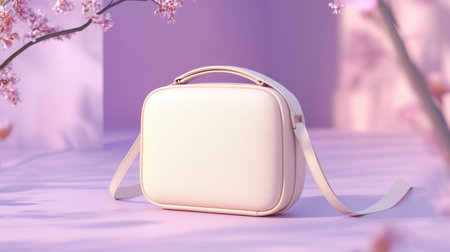 This elegant white handbag is set against a soft pink background with floral accents, perfect for showcasing stylish accessories in a modern lifestyle context.の素材