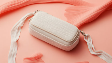 This stylish white handbag with a textured finish is elegantly displayed against a soft pink background, perfect for fashion and design enthusiasts.の素材