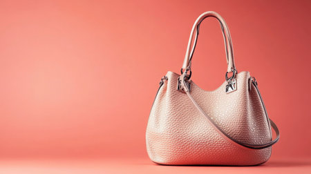 This image showcases a stylish pink handbag with a smooth texture against a vibrant coral background. It highlights modern design elements, perfect for fashion enthusiasts.の素材