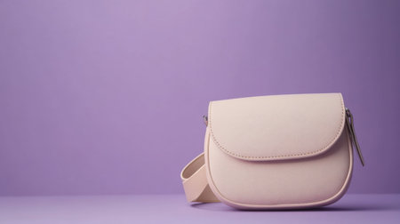 A lovely soft pink leather crossbody bag placed elegantly against a lavender background. Ideal for fashion photography, elegant styling, and promotional use.の素材