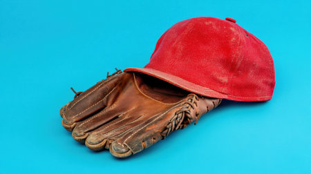 A vintage red cap rests atop a worn baseball glove, set against a bright blue background. This image captures a playful essence of sports and nostalgia, perfect for themed decor.の素材