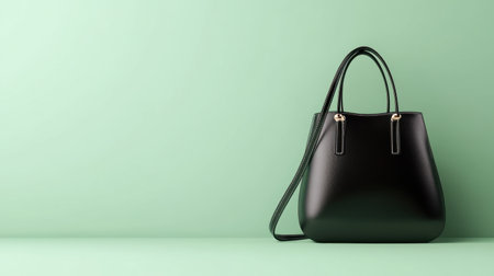 This image features an elegant black handbag displayed against a soft mint background, perfect for showcasing fashion accessories in lifestyle and retail contexts.の素材