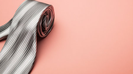 A rolled gray and white striped tie rests on a soft pink background, perfect for showcasing elegance and style in formal attire photography.の素材