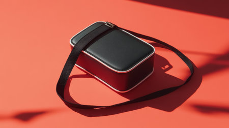 This modern black shoulder bag features a minimalist design and is set against a vibrant red background, perfect for fashion-forward individuals seeking stylish convenience.の素材