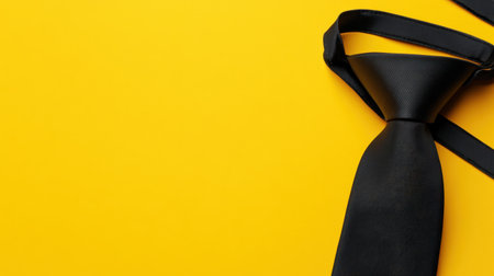 This image features an elegant black tie lying on a vibrant yellow background, highlighting the sophistication of formal attire. Ideal for fashion, business, and event planning.の素材