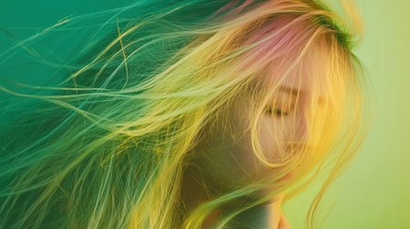 A captivating portrait of a young woman with long, flowing multicolored hair, set against a vivid abstract green background that evokes creativity and beauty.の素材