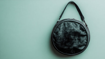 A stylish black velvet round handbag features a sleek strap against a soft mint green backdrop. Ideal for fashion and accessories displays.の素材