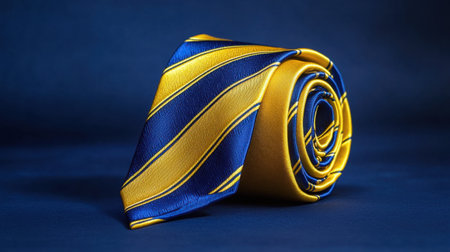 This elegant blue and gold striped tie is rolled neatly against a dark background, showcasing its vibrant colors and luxurious fabric ideal for formal occasions.の素材