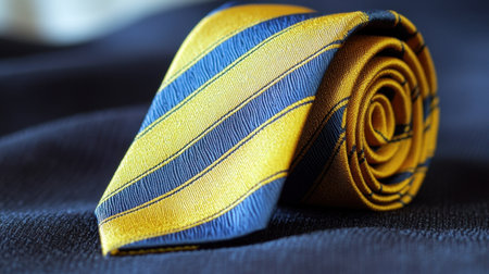 A stunning close-up of a rolled tie featuring vibrant yellow and navy stripes, ideal for enhancing formal wear and professional outfits.の素材
