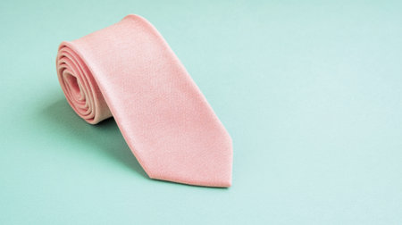 A beautifully rolled pink tie rests on a soft mint background, perfect for fashion inspiration, styling ideas, or presentation in a modern context.の素材