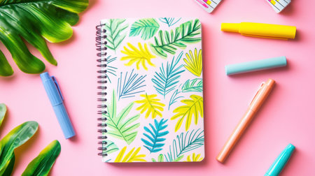 A vibrant flat lay featuring a colorful notebook adorned with tropical leaf patterns surrounded by various writing tools on a pink background.の素材