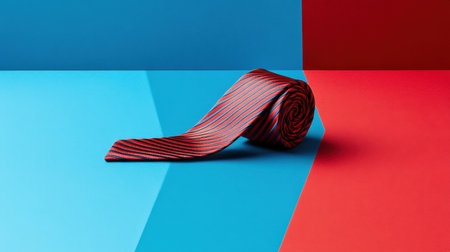 A smooth rolled tie sits prominently against a striking blue and red backdrop, showcasing bold stripes that enhance its vibrant design, perfect for fashion.の素材