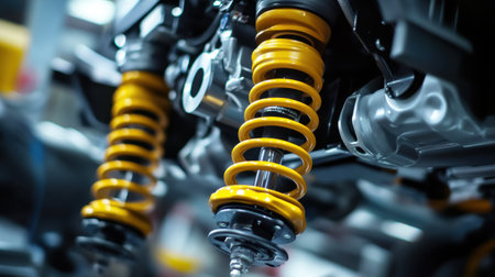 This detailed image showcases a high-performance automotive shock absorber with striking yellow springs, highlighting the intricate engineering in an automotive workshop.の素材
