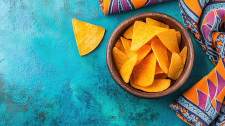 Discover a delightful arrangement of crunchy corn chips in a rustic bowl atop a vibrant blue table, complemented by a colorful fabric napkin, perfect for every snack occasion.の素材