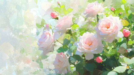 A beautiful depiction of pink roses in full bloom surrounded by lush greenery. The soft light and impressionistic style create a tranquil and romantic atmosphere.の素材