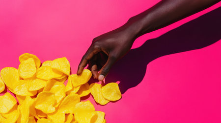 A close-up image featuring a dark hand reaching for a pile of yellow potato chips on a bold pink background, embodying snack time enjoyment and vibrant colors.の素材