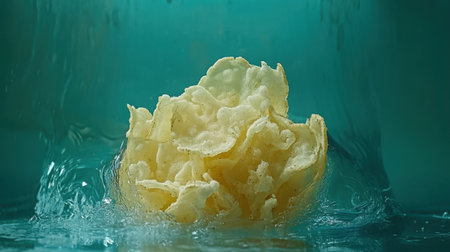 This image showcases freshly made crispy potato chips splashing dramatically in clear water, highlighting their texture and appealing color against a vibrant blue background.の素材