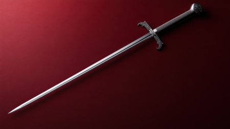 A stunning decorative sword featuring an intricate hilt design, set against a rich red background. This image captures the elegance and craftsmanship of this unique weapon.の素材