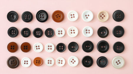 A vibrant collection of buttons in various colors and sizes neatly arranged on a soft pink background, ideal for sewing and craft projects.の素材