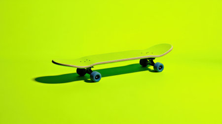 A vibrant neon green skateboard rests on a bright background, showcasing its unique design and shadow. Perfect for sports or youth culture themes.の素材
