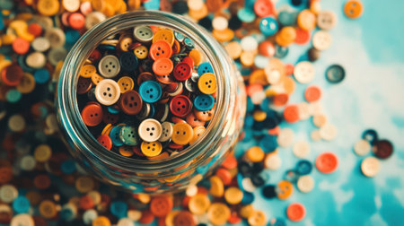 A vibrant and playful scene featuring a glass jar filled with an assortment of colorful buttons, surrounded by a delightful array of buttons on a blue background. Perfect for crafting and artistic inspiration.の素材
