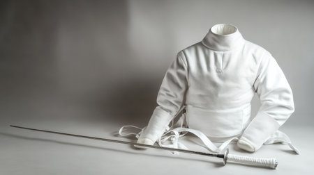 This image showcases a professional fencing uniform and foil sword set against a neutral background, ideal for sports-related content.の素材
