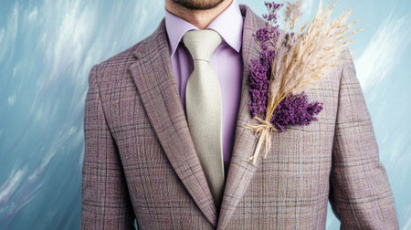 A sophisticated male figure showcases elegance in a tailored suit, adorned with a lavender boutonniの素材