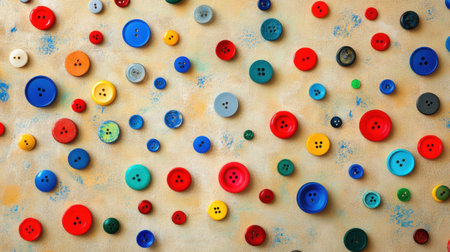 This image showcases an array of colorful buttons of varying sizes thoughtfully arranged on a textured background, perfect for inspiring creative projects in crafts and design.の素材