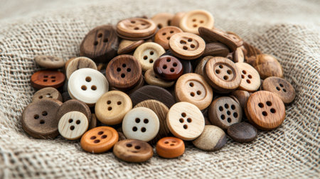 A captivating arrangement of assorted wooden buttons in various sizes and shades displayed on a natural fabric background, perfect for creative projects.の素材