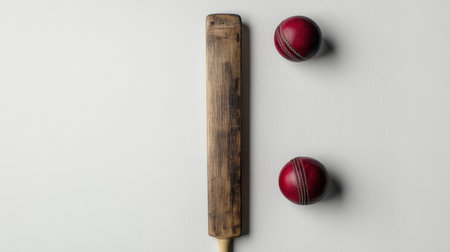 A wooden cricket bat is centered with two red cricket balls on a light background, symbolizing the essence of cricket, teamwork, and sportsmanship.の素材