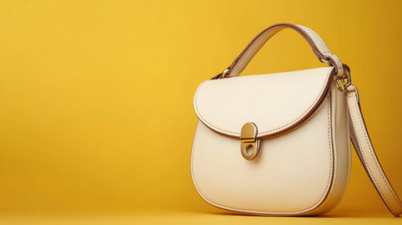 This captivating image features an elegant cream handbag against a vibrant yellow background, ideal for showcasing fashion accessories and modern style.の素材