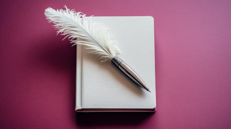 An elegant feather quill and silver pen rest on a stylish notebook against a vibrant background. Perfect for writing enthusiasts and artists.の素材