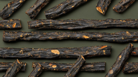 A collection of natural licorice roots arranged on a dark green background, showcasing their unique texture and earthy colors, ideal for culinary and health contexts.の素材