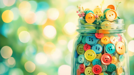 This image features a glass jar filled with an array of colorful craft buttons, set against a beautifully blurred bokeh background, creating a whimsical atmosphere.の素材