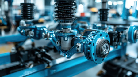This image showcases a close-up view of a high-performance automotive suspension system component, emphasizing the intricate details and industrial setting.の素材