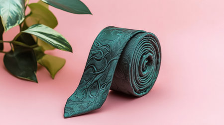 This elegant green tie features an intricate pattern, beautifully rolled and set against a soft pink background with lush green leaves. Perfect for formal occasions.の素材