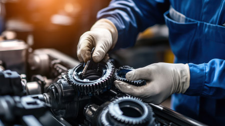 Skilled worker carefully assembles mechanical gears in an industrial workshop, showcasing precision and attention to detail while wearing protective gloves.の素材