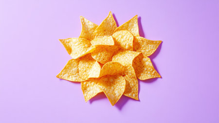 A captivating arrangement of crispy yellow tortilla chips on a vibrant purple background, perfect for snack ideas, party planning, and culinary presentations.の素材