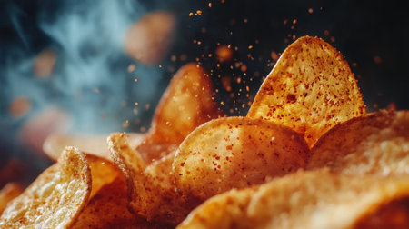 Close-up view of crispy golden potato chips dusted with spicy seasoning, surrounded by a flavorful aroma and steam, set against a dark background.の素材