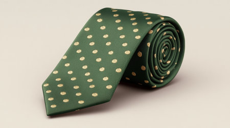 A stylish green tie featuring gold polka dots, rolled neatly for presentation. This accessory enhances formal attire with elegance and charm. Ideal for special events.の素材