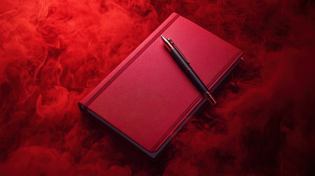 This striking image features an elegant red notebook accompanied by a stylish pen, surrounded by a dramatic red smoke backdrop. Ideal for creative projects.の素材