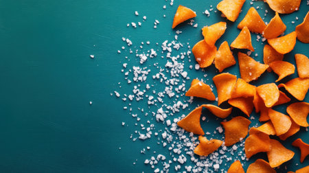 A vibrant collection of crunchy orange snacks sprinkled with sea salt against a turquoise background, ideal for healthy snacking and food photography.の素材