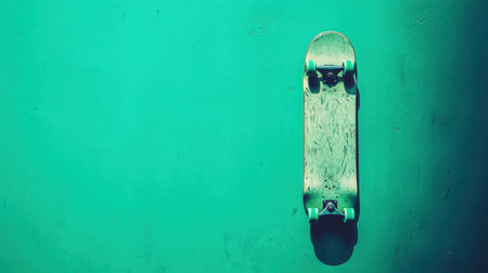 This image features a skateboard leaning against a vibrant teal wall. It embodies the spirit of urban youth culture, highlighting the artistic and dynamic aspects of skateboarding as a sport and lifestyle choice.の素材