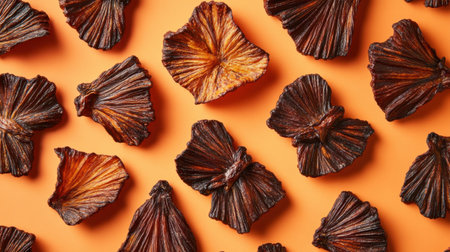 A captivating arrangement of dried exotic fruit slices on a vibrant orange background, perfect for culinary inspiration and creative beverage garnishes.の素材