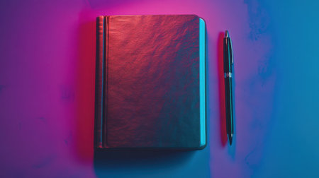 A stylish black notebook placed alongside a pen on a vibrant blue and pink background. Ideal for creative writing, journaling, or professional use.の素材